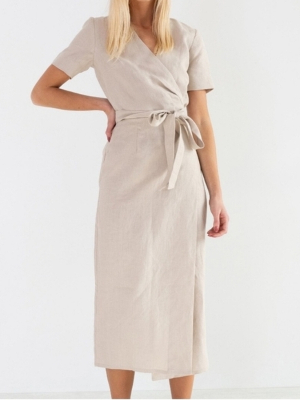 Love And Confuse - Beige Wrap Midi Dress with Tie Waist